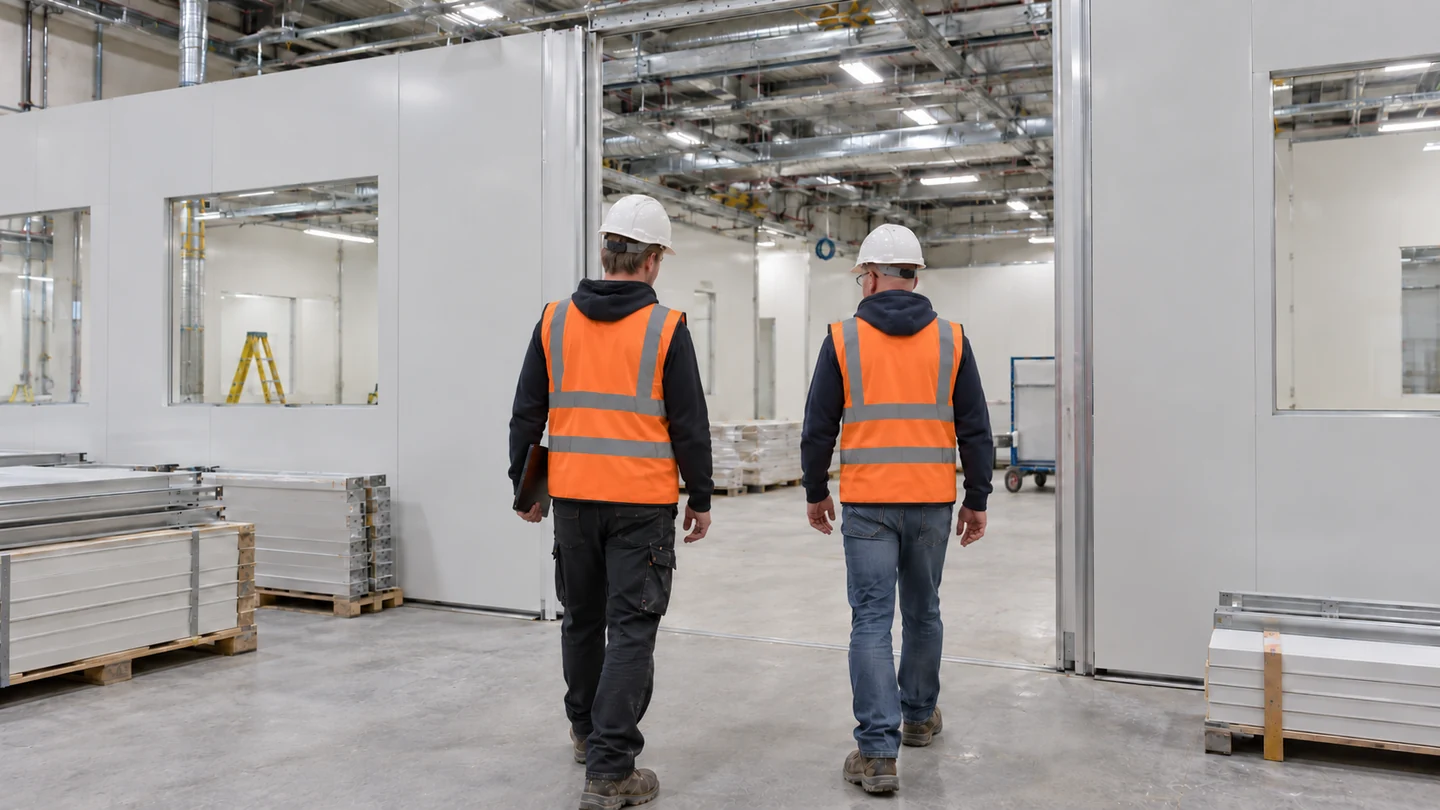 Illustrative cleanroom construction review showing two consultants walking through a facility under construction.